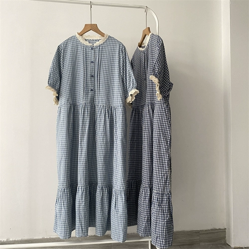 Синее цветное летнее платье, длинная юбка, свободный крой, короткий рукав, средней длины