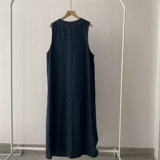 Демисезонная ретро синяя майка топ без рукавов, длинное джинсовое платье, по фигуре, V-образный вырез, свободный прямой крой, с рукавом