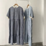 Синее цветное летнее платье, длинная юбка, свободный крой, короткий рукав, средней длины