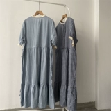 Синее цветное летнее платье, длинная юбка, свободный крой, короткий рукав, средней длины