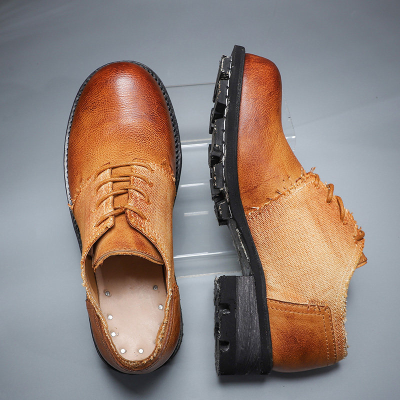 Original handmade men's retro first layer cowhide casual leather shoes hairstyle designer big head round head derby leather shoes men - Taobao