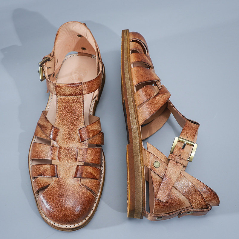 Original handmade designer French Roman sandals men's cowhide rubbing color do the old leather soft bottom toe sandals tide