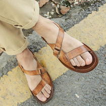 Niche original handmade retro old tire cow leather sandals new mens soft bottom wild outdoor beach shoes tide