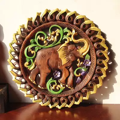 Special offer Exotic style hand-painted round wood carving baby elephant hollow wall decoration living room dining room wall hanging solid wood