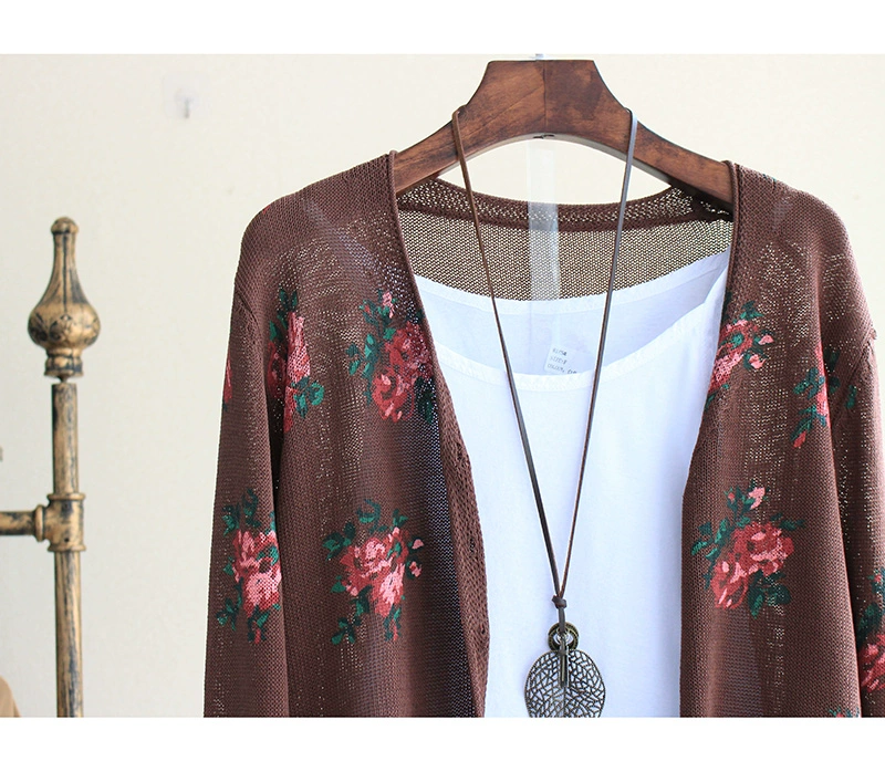 Áo len 2019 đầu xuân bằng vải cotton và vải lanh nghệ thuật in hoa retro áo len dài tay hoang dã V-cổ áo mỏng