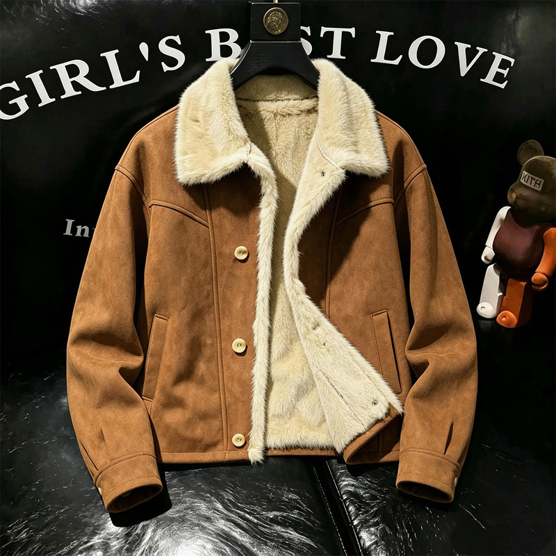 Men's Fur-Integrated Jacket with Lapel, Fleece-Lined, Thickened, Warm Coat, 2026 Winter Lamb Wool Short Jacket Men's Fur-Integrated Jacket with Lapel, Fleece-Lined, Thickened, Warm Coat, 2026 Winter Lamb Wool Short Jacket