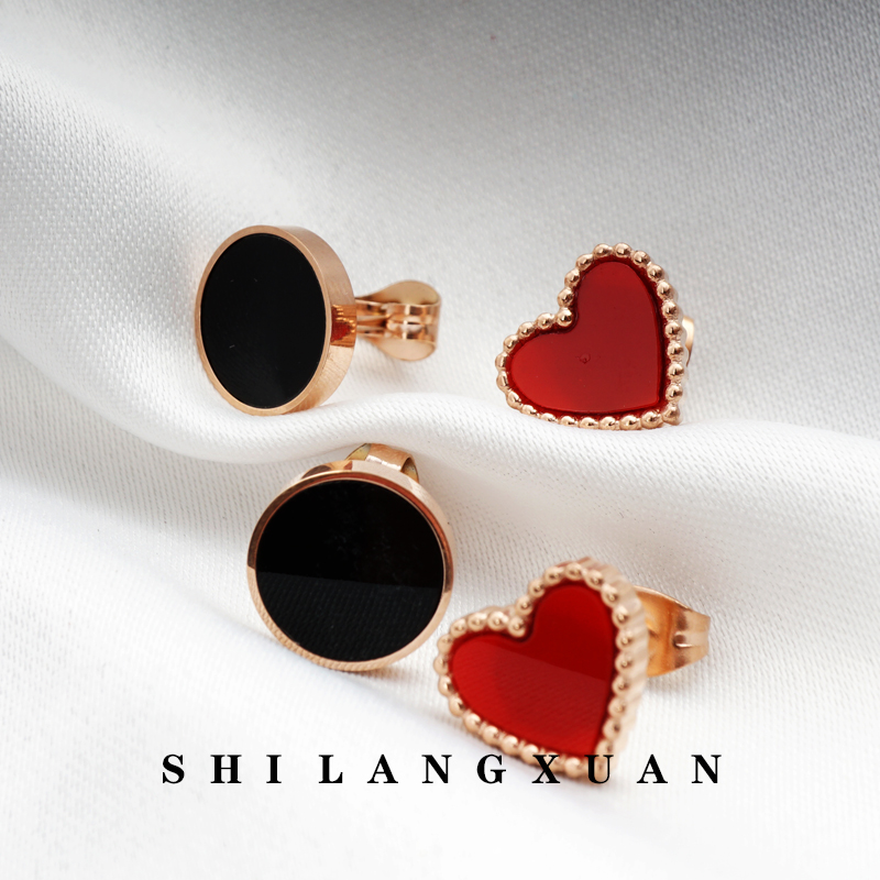 Drop Black Oil Round Small Short Hair Cute Peach Hearts Love Red Rose Gold Girl Ear Pin Titanium Steel Plated 18K Gold