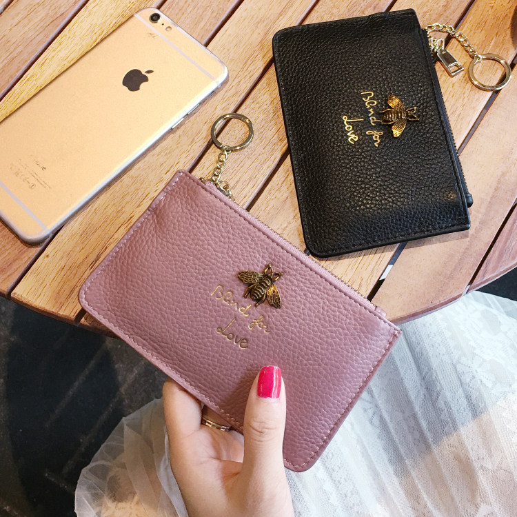 Small Bee Ultrathin Soft Head Layer Bull Peel Short leather Laced Money Clip 2019 Genuine Leather Woman Type Leather Wallet Coin zero wallet