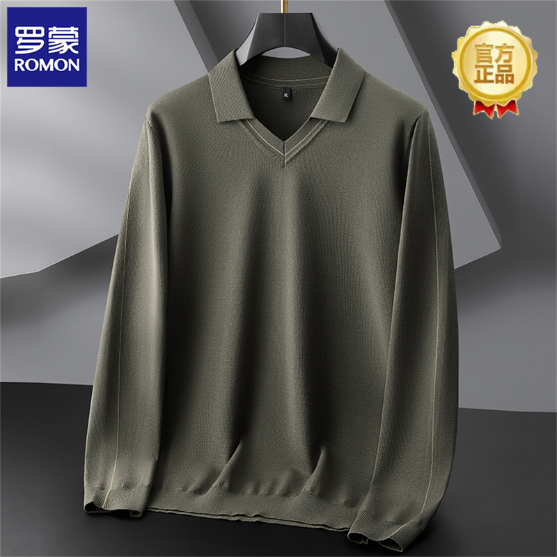 Romon Plus Size Lapel Long Sleeve Sweater for Men, Autumn Business Casual Fashion Knitted Polo Shirt