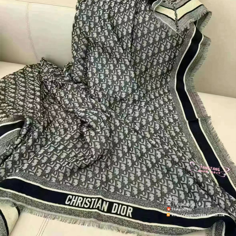 Dior's Popular Blue-Gray Monogram Oblique Logo Letter Tassel Large Square Scarf Neckerchief Shawl Scarf