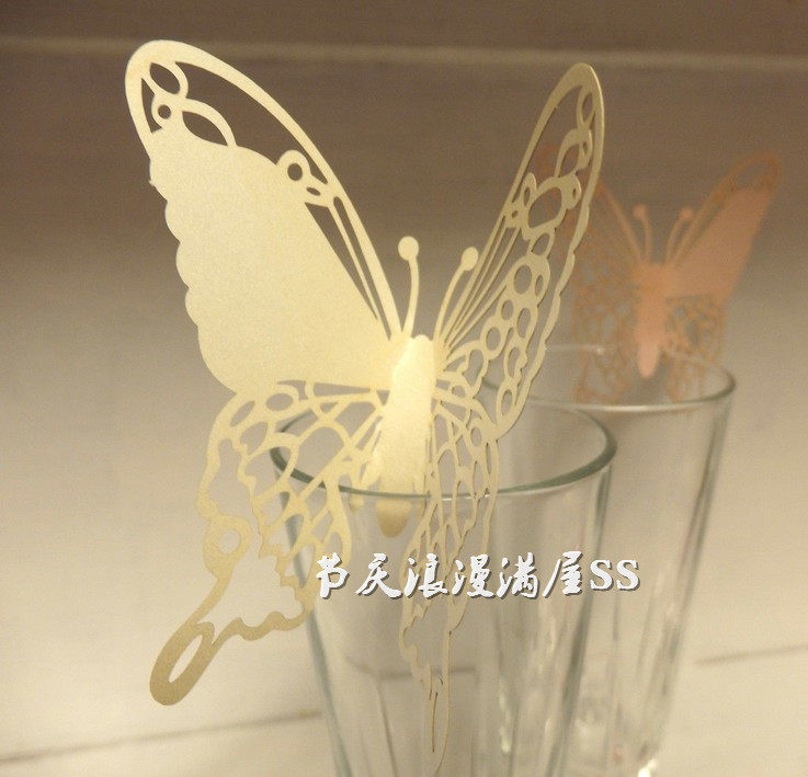 Wine glasses seat card birthday party paper card hollow butterfly Card Wedding name plate decoration 50