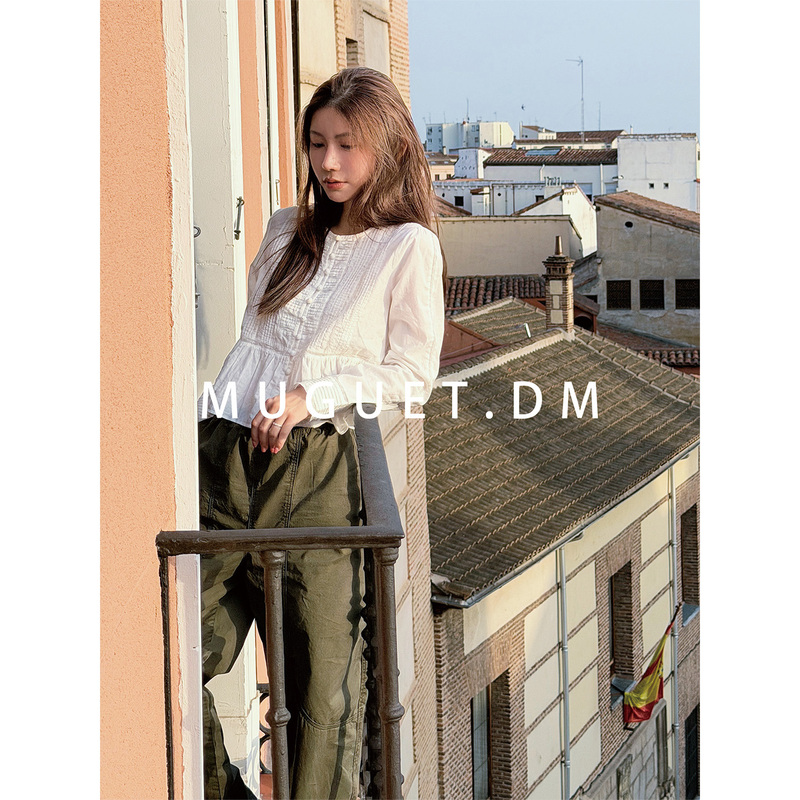 [Tang Youyou] 80-Count 100% Cotton Heavy-Duty Tuck Pleat Long-Sleeve Shirt for Women, Early Autumn Lace Splicing White Top
