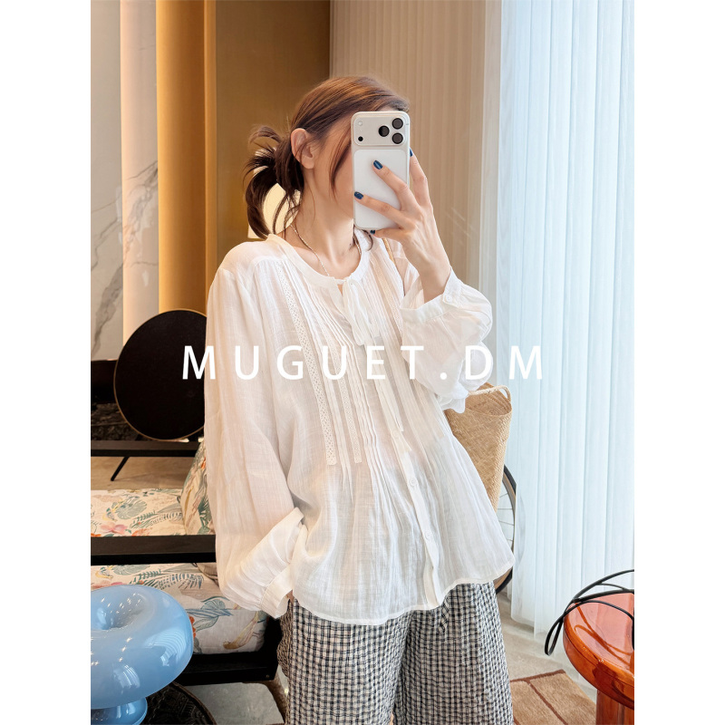 [Tang Youyou] 100% Linen Summer Slightly Sheer Cool-Feeling Striped Lace Patchwork Tie-Up Shirt Sun Protection Top for Women