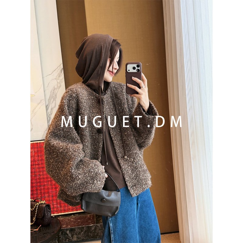 [Tang Youyou] Sheep Wool Blended Floral Tweed Coat for Women, Autumn and Winter Vintage Looped Round Neck Loose Short Coat