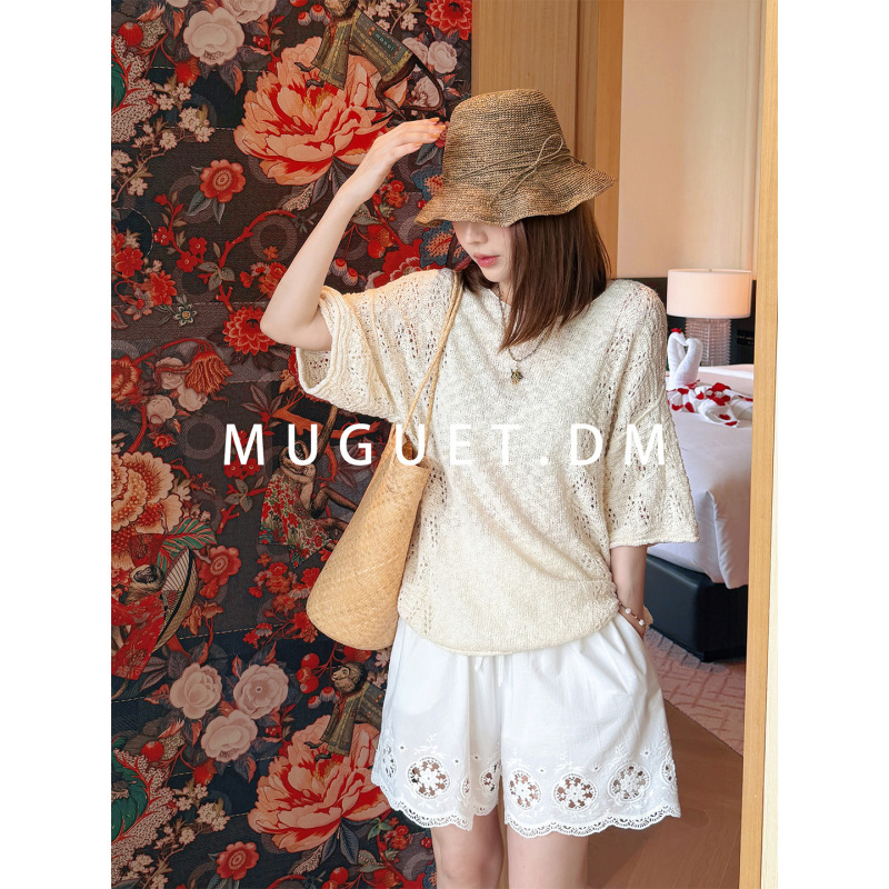 [Tang Youyou] High-Twist Cotton Hollow-Out Knit Top for Women, Summer Thin Breathable Loose Short-Sleeve Round-Neck Casual Top