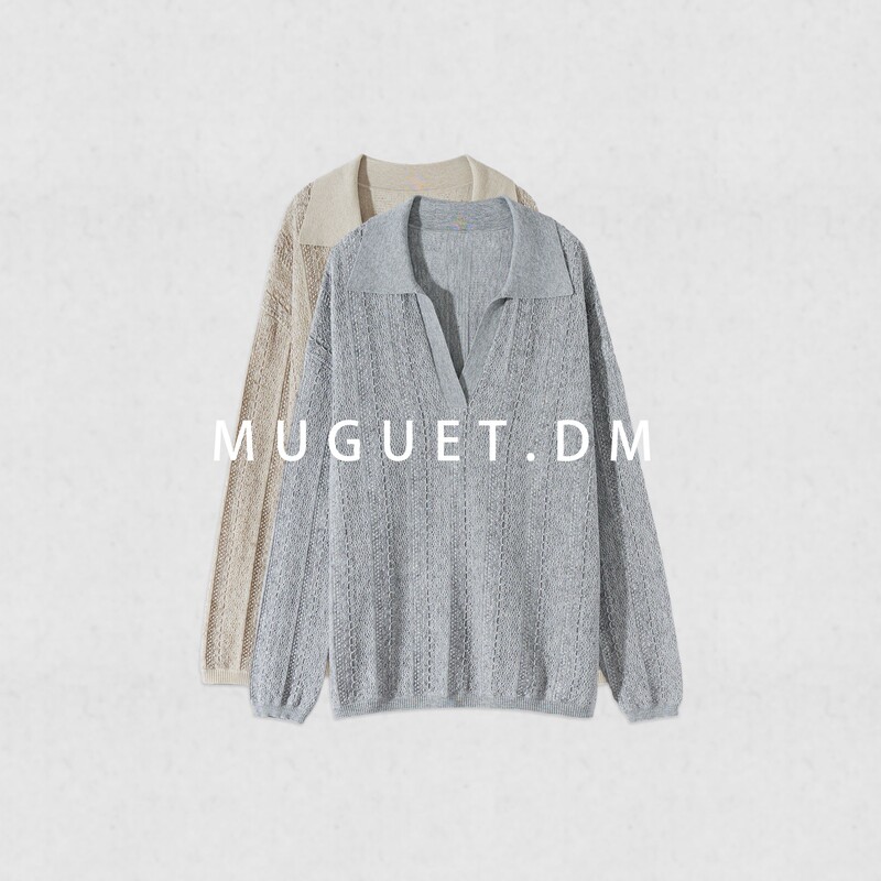 [Tang Youyou] 14-Gauge Sheep Wool Linen Lace Jacquard Knit Sweater Early Autumn V-Neck Long-Sleeve Pullover Top