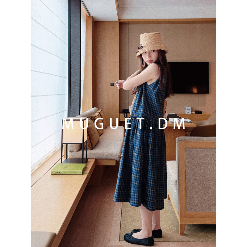[Tang Youyou] Exclusive! Japanese-Style Narrow Loom Pure Cotton Plaid Summer Lace-Up Loose Sleeveless Dress for Women