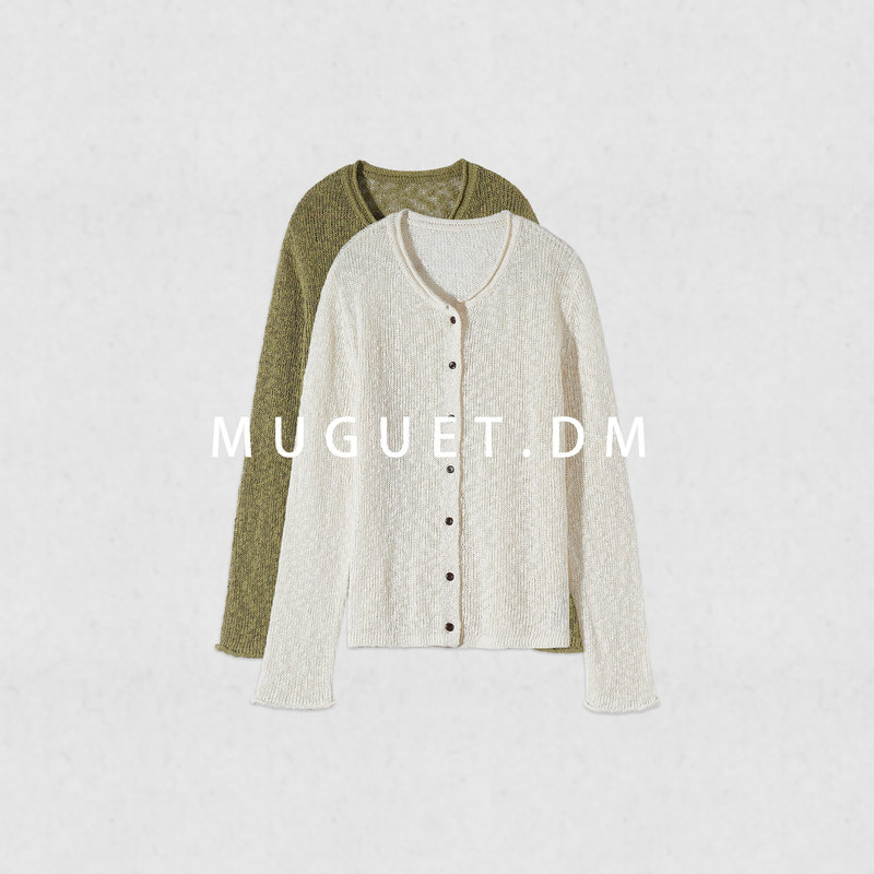 [Tang Youyou] 7-Gauge 5-Strand Special Yarn Hollow Knit Cardigan for Women, Autumn Round Neck Flat Knit Single-Breasted Woolen Top