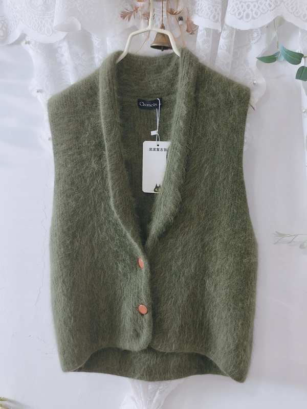 Japanese Retro Style Moss Green V-Neck Lapel Gentle Fluffy Soft Angora Rabbit Wool Vest for Women