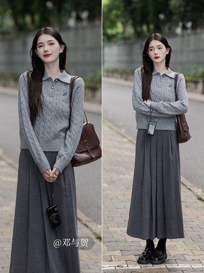 Inman Retro Twist Collar Long-Sleeved Red Knitwear for Women 2026 Spring New Style Polo Collar Gray Thick Sweater