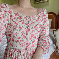 PinkstarShop Peachs Aborted Style Romantic Gentle Retro Flower With Long Sleeves Spring New Dress Woman