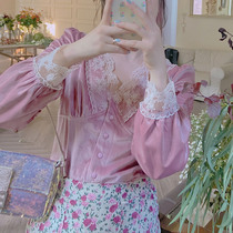 Pink velvet lace V collar jacket vintage very fairy with slim design sensation slim down sweet and gentle shirt spring