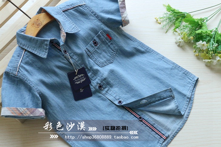 17 năm hè cậu bé mới lớn cậu bé hoang dã vuông khâu bông mềm giặt áo sơ mi denim quần áo bé gái