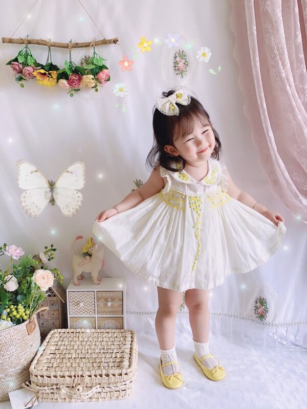 Meat Polo Home Pure Handmade Embroidered Little Yellow Flower Everyday Dress