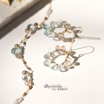 Reef and seawater three-in-one grass original design Sea Blue treasure smoke crystal American 14K gold gold flower earring necklace