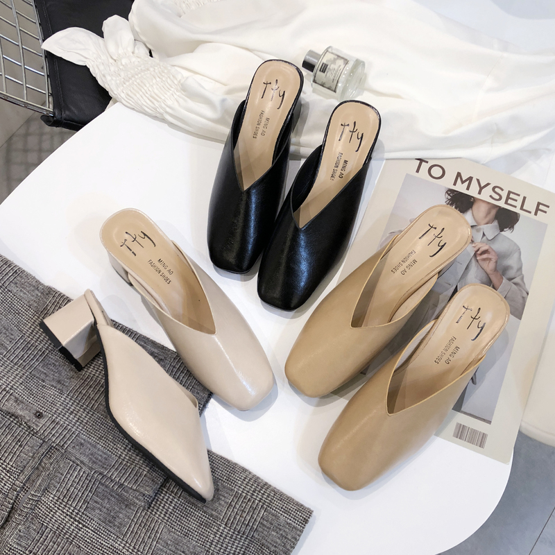 Square-Toe High-Heeled Trendy Sandals, Granny Shoes, Chunky Heel, Closed-Toe Half-Slippers, Women's Mid-Heel Retro Outdoor Slip-On Mules