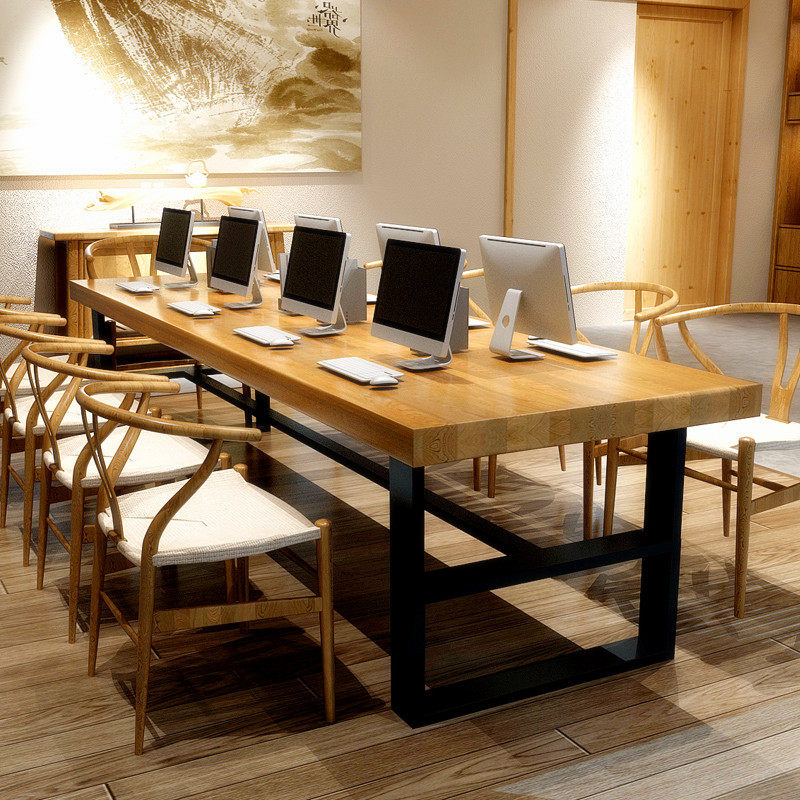 Nordic solid wood desk Simple Wrought iron rectangular staff computer desk Conference table Multi-purpose desk Dining table