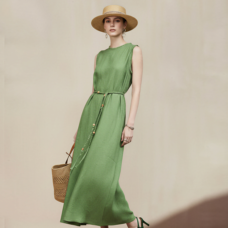 Relaxed Old Money Style Linen Green Dress, Summer Mid-Length Loose Vacation Tank Dress, Summer Tummy-Covering Long Dress Relaxed Old Money Style Linen Green Dress, Summer Mid-Length Loose Vacation Tank Dress, Summer Tummy-Covering Long Dress