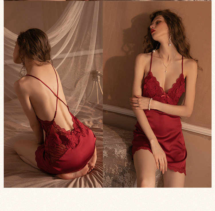 今夕何夕性感吊带睡衣女春秋款真丝本命年红色结婚睡裙睡袍套装夏详情39