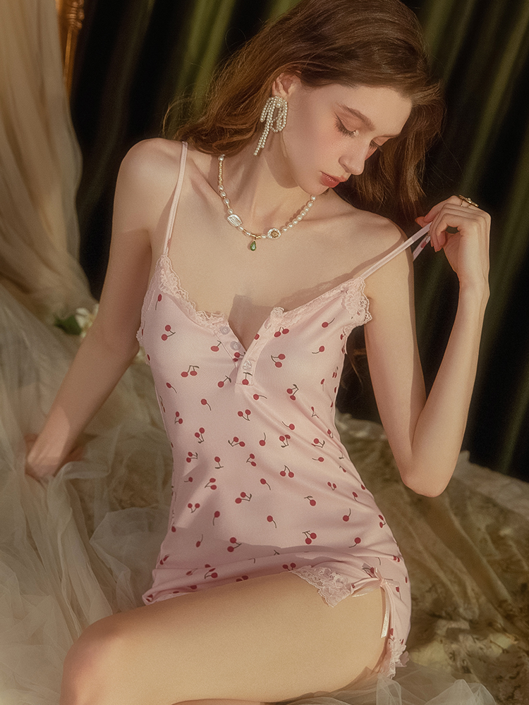 Sexy Pajamas Pink Cherry Slim Skirt Girls Summer Suspender Pajamas Pure Desire_voghion.com