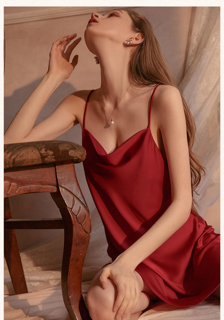 今夕何夕性感吊带睡衣女春秋款真丝本命年红色结婚睡裙睡袍套装夏详情29