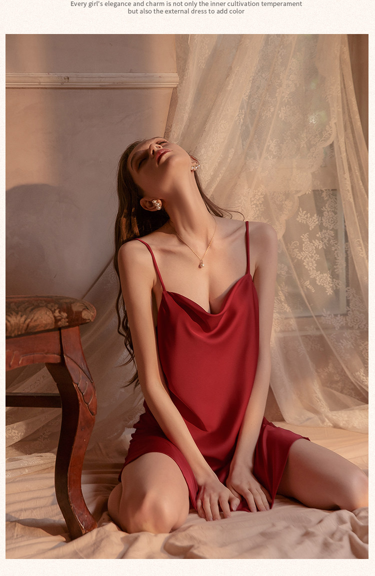今夕何夕性感吊带睡衣女春秋款真丝本命年红色结婚睡裙睡袍套装夏详情27