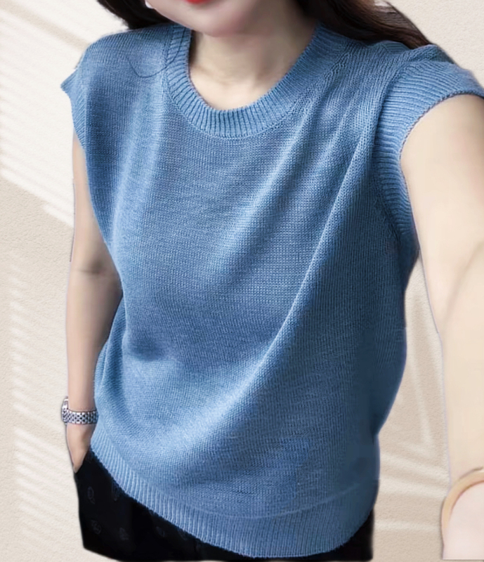 Plus Size Summer Thin Simple Round Neck Haze Blue Commuter Sleeveless Stylish Solid Color Knitted Short-Sleeved Women's Top Plus Size Summer Thin Simple Round Neck Haze Blue Commuter Sleeveless Stylish Solid Color Knitted Short-Sleeved Women's Top