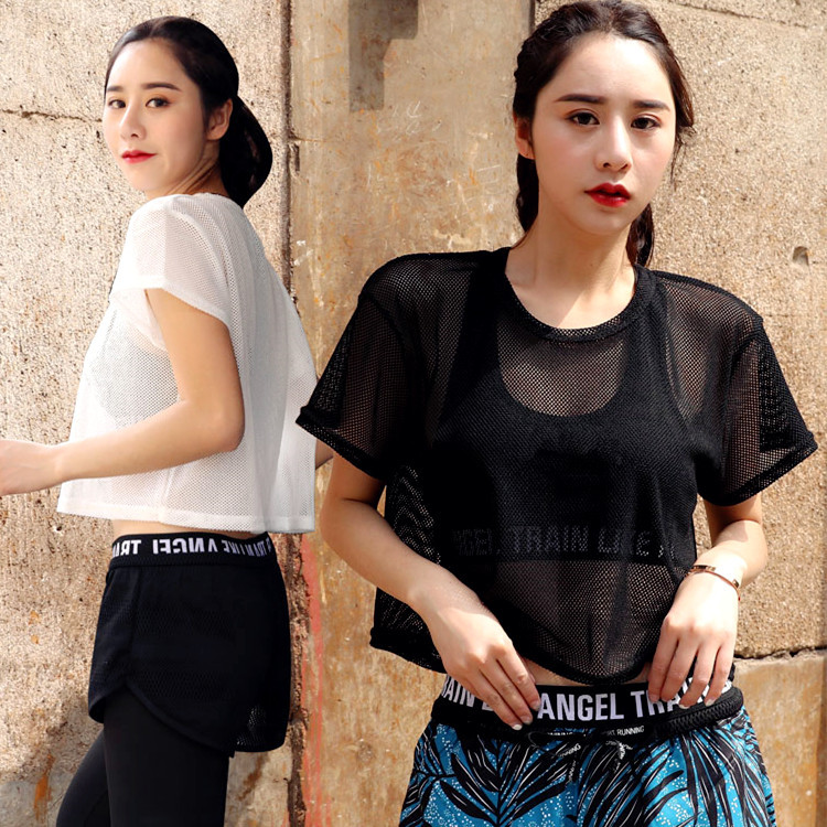 Summer Fitness Sports T-Shirt for Women, Korean Loose-Fitting Running Short-Sleeve Quick-Drying Mesh Hollow Aerobics Yoga Top Cover-Up Summer Fitness Sports T-Shirt for Women, Korean Loose-Fitting Running Short-Sleeve Quick-Drying Mesh Hollow Aerobics Yoga Top Cover-Up