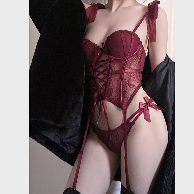 Christmas Red Sexy Lace Perspective Horse Chia Shape-wear one-piece steel ring Gathered Little Chest Pyjamas Pants Suit woman-Taobao