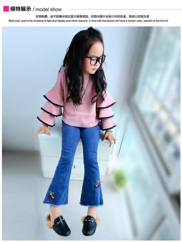 Quần denim ống loe 2018 quần mới Hàn Quốc cho bé mùa xuân và quần mùa thu trẻ em quần lửng ống rộng quần áo bé gái