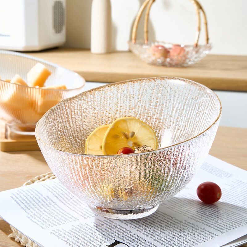Light Luxury Salad Bowl, Half-Moon Glass Bowl, Fruit Plate for Home Use, Living Room Coffee Table Fruit Tray, Simple Modern Snack and Dried Fruit Plate