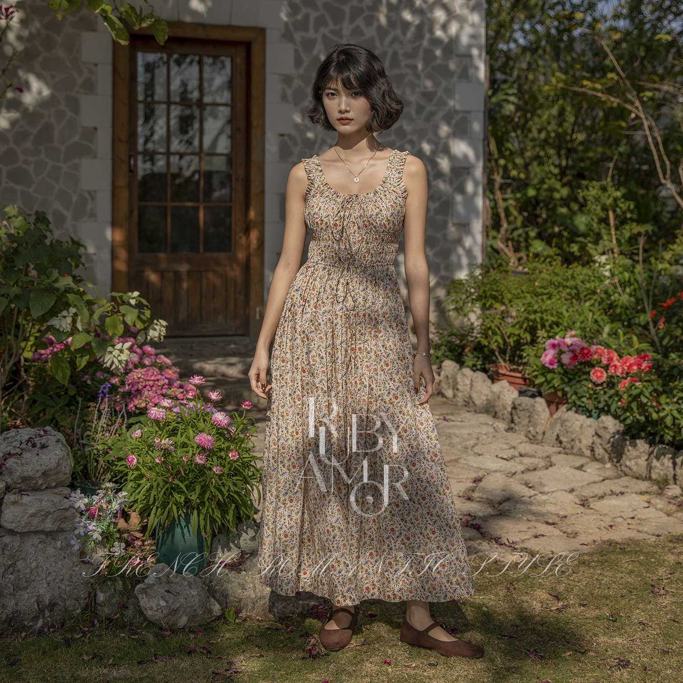 RUBY AMOR 法式田园浪漫连衣裙伊甸花印花裙背心款有机棉收腰小众