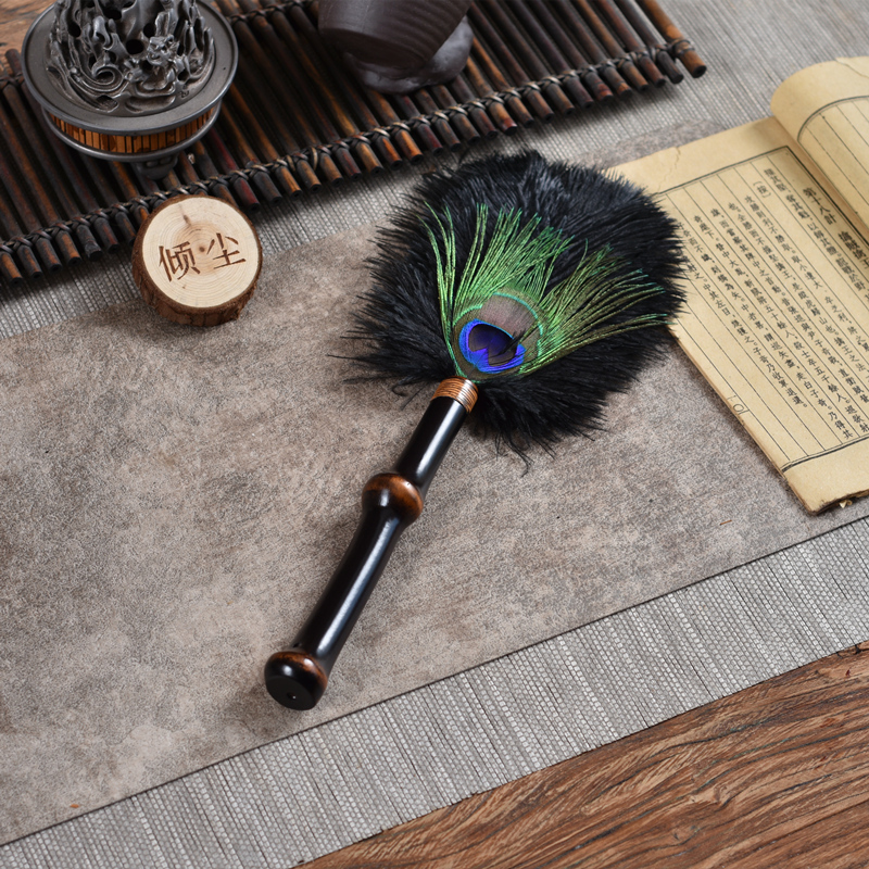 Tea Ceremony Bamboo Duster with Peacock Feathers, Ostrich Feathers, Feather Duster, Chicken Feather Duster, Desktop Dust Sweeper, Cleaning Duster