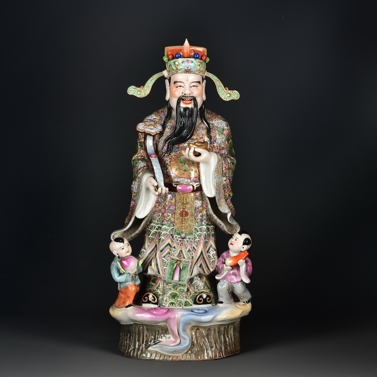 李欣=民国曾龙升制粉彩童子观音塑像-清华雅集