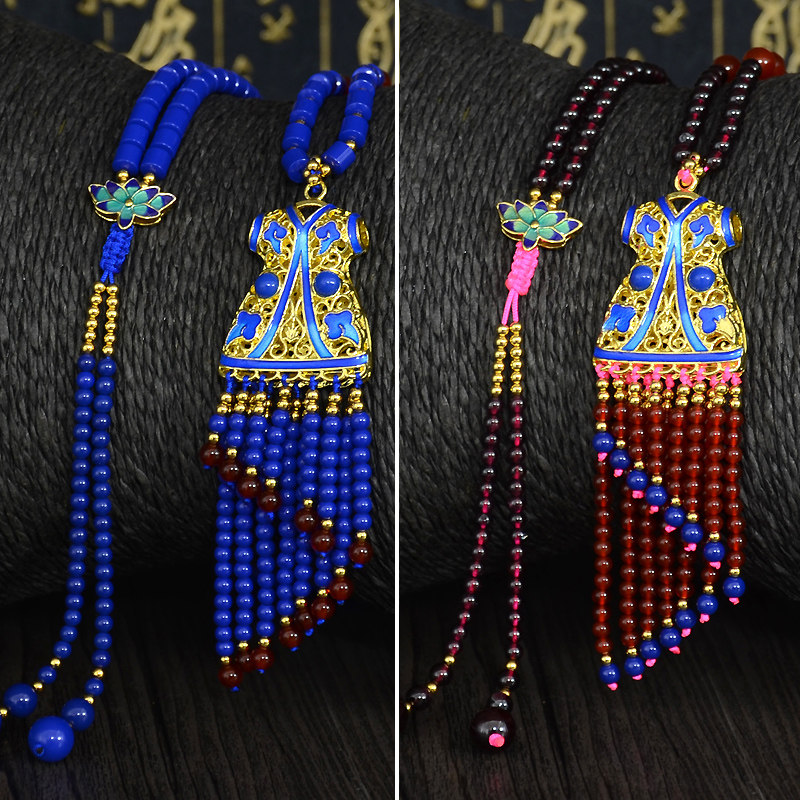 Natural garnet Lapis lazuli color blue ore Cloisonne clothes gold beads high-grade sweater chain spike necklace
