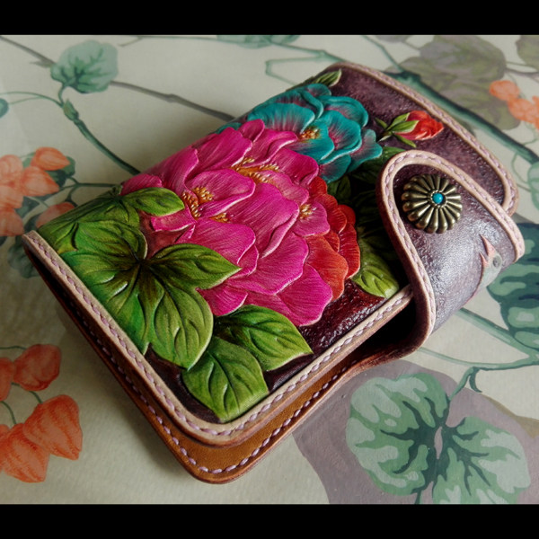 Handmade Genuine Leather Men's Bag Women's Bag Booking Leather Sculpture Painted Cow Leather Peony Flowers Lady Short Money Clip