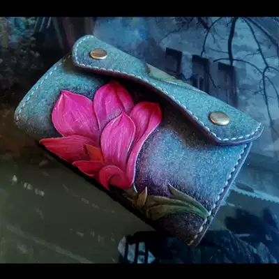 Handmade leather men's bag women's bag custom leather carving painted gray blue magnolia multi-function female key bag