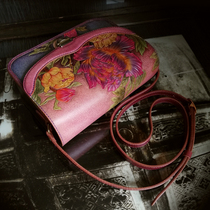 Handmade vegetable tanned cowhide mens and womens bags custom-made cowhide carved and painted purple peony crossbody bags for women