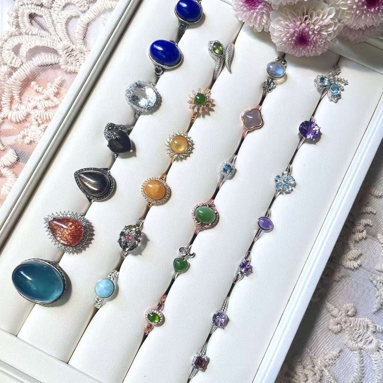 Collection of unique items, Gaohuotongtai, S925 sterling silver inlaid with gold, sun white crystal, amethyst, ocean blue colored gemstone ring