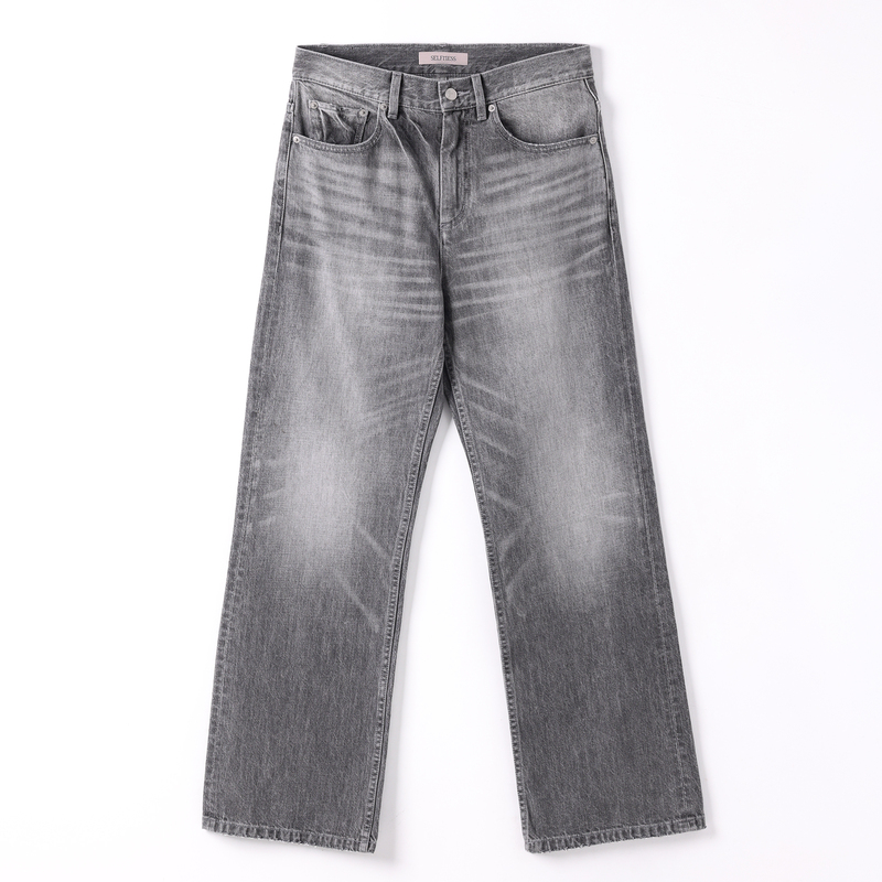 Selfness Kaihara Japanese Fabric Smoky Gray Natural Washed Three-Dimensional Whiskered Men's Jeans Trousers